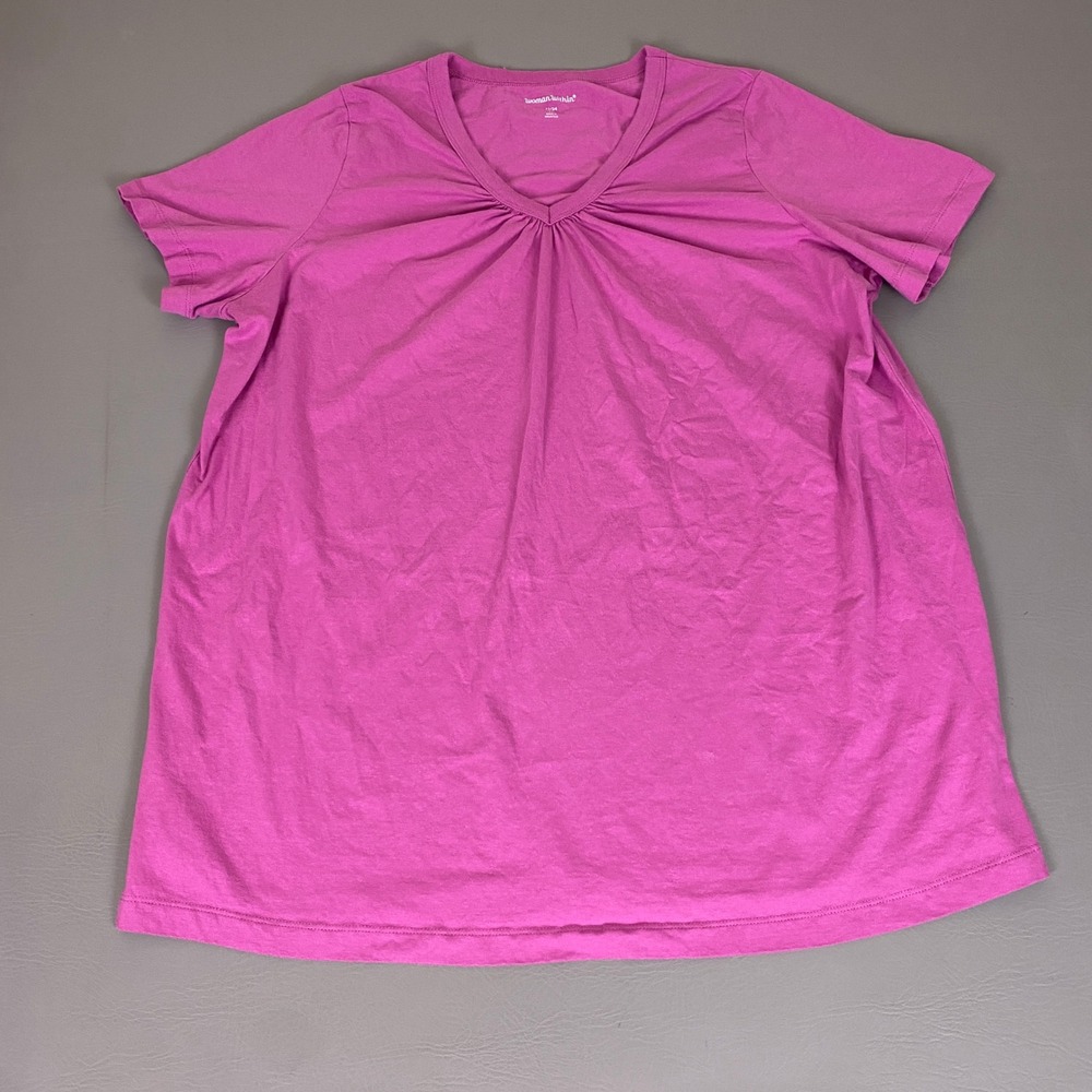 Woman Within T-Shirt Top Womens 1X 22/24 Magenta Pink Pleated VNeck Short Sleeve
